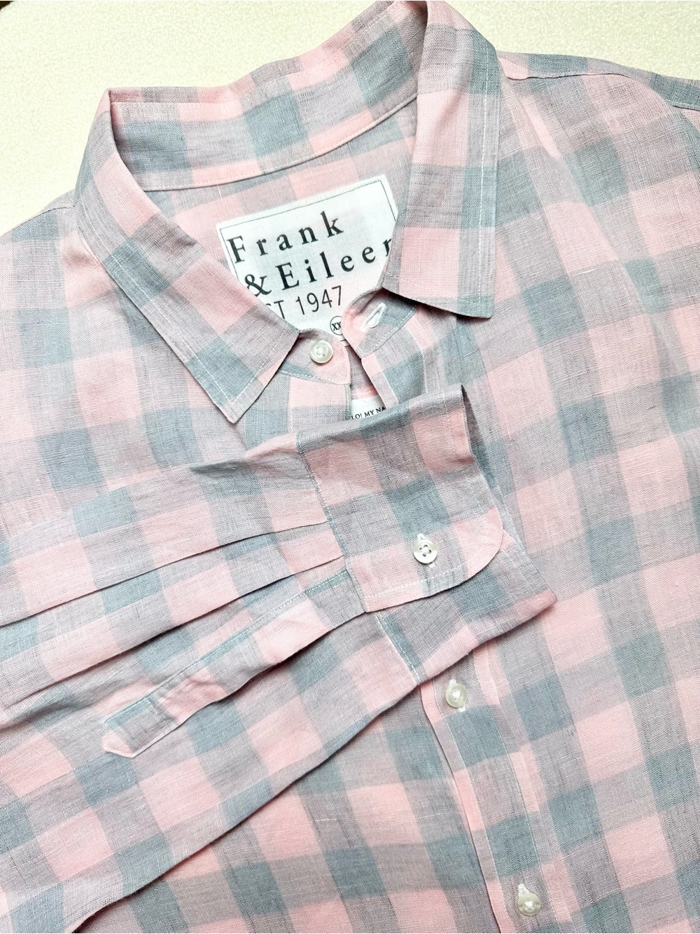 Frank & Eileen Soft Gray and Pink Checkered 100% Linen Casual Euro Button Up XXL